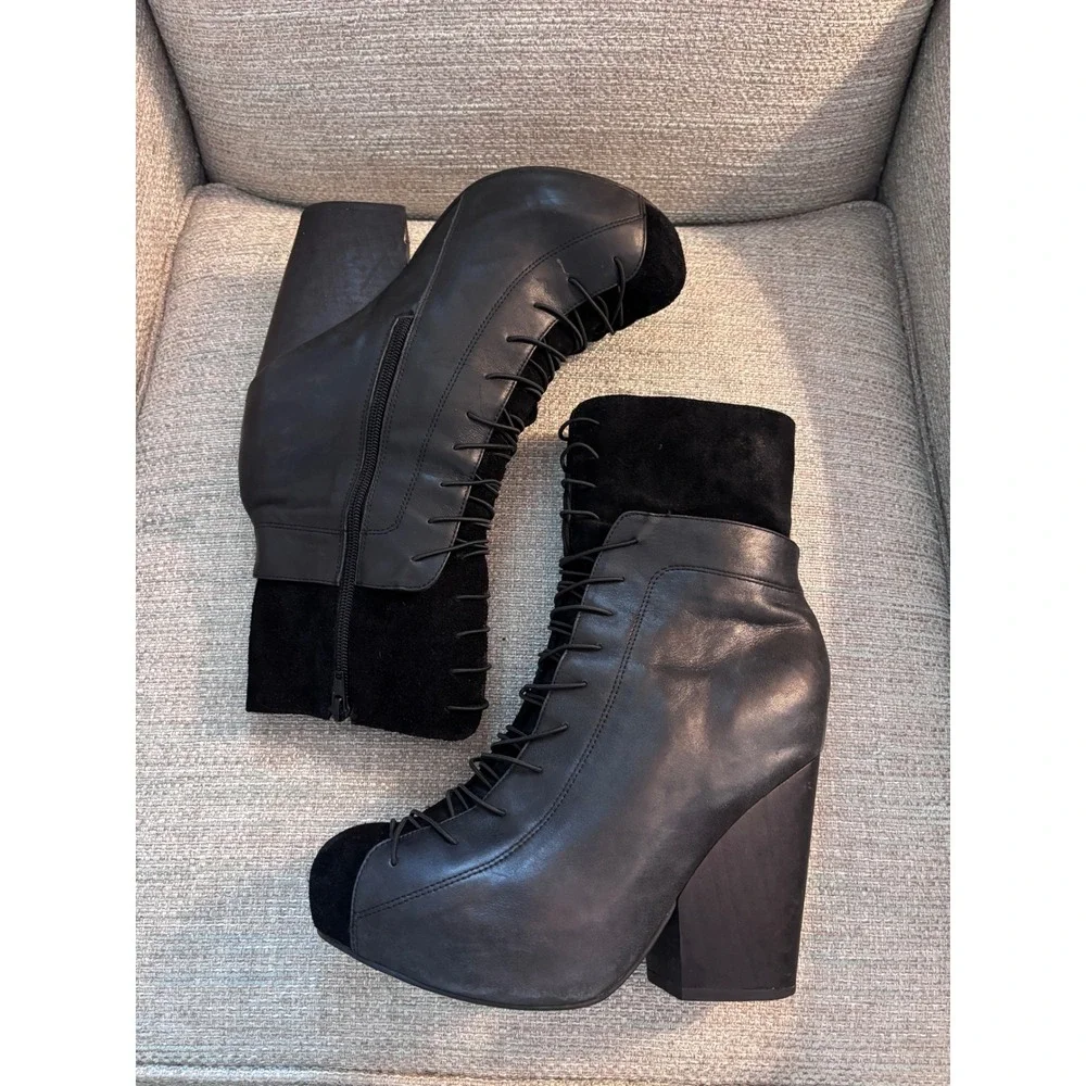 Jeffrey Campbell Ronson Black Leather Suede Lace Up Platform Ankle Boots 10M - Picture 6 of 10